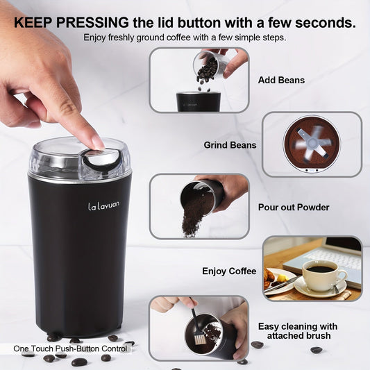 Electric 1-Piece Coffee Bean Grinder with 200W Power - Multifunctional Food Processor and Mixer for Grinding Spices, Nuts, and Espresso Beans. Features One-Touch Push-Button Control, Brush, and Coffee Spoon. Perfect for up to 12 Cups or 2.7oz of coffee.