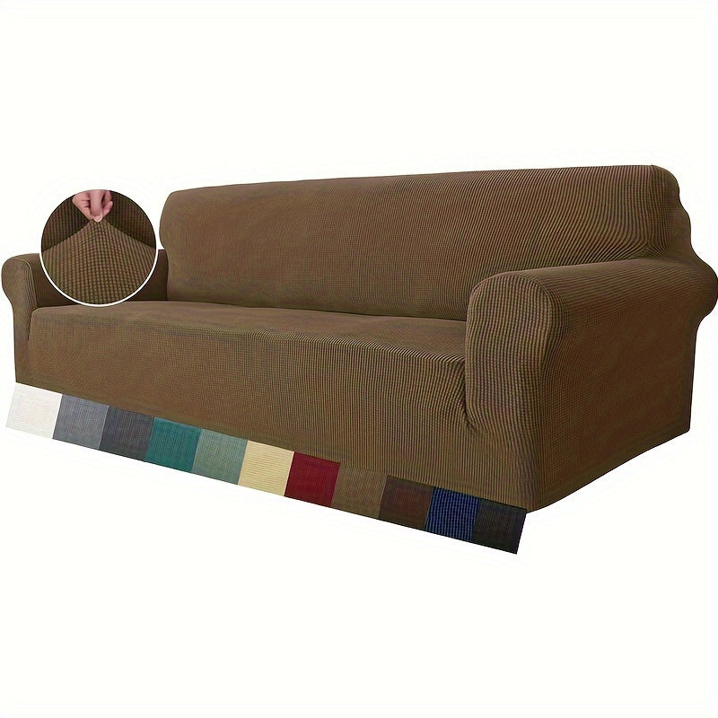 Jacquard fitted sofa slipcover with elastic band, machine washable polar fleece fabric. Compatible with various sofa sizes. Protects furniture from dust and cat scratches.