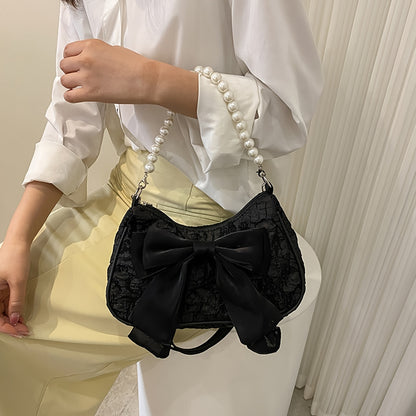 White pleated retro bow bag with pearl handle, new trend fashion pearl underarm shoulder messenger bag.