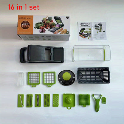 Kitchen slicer set with 14/16 pieces, featuring a manual vegetable cutter dicer shredder with durable stainless steel blades. Made of plastic in a rectangle shape, no power supply required.