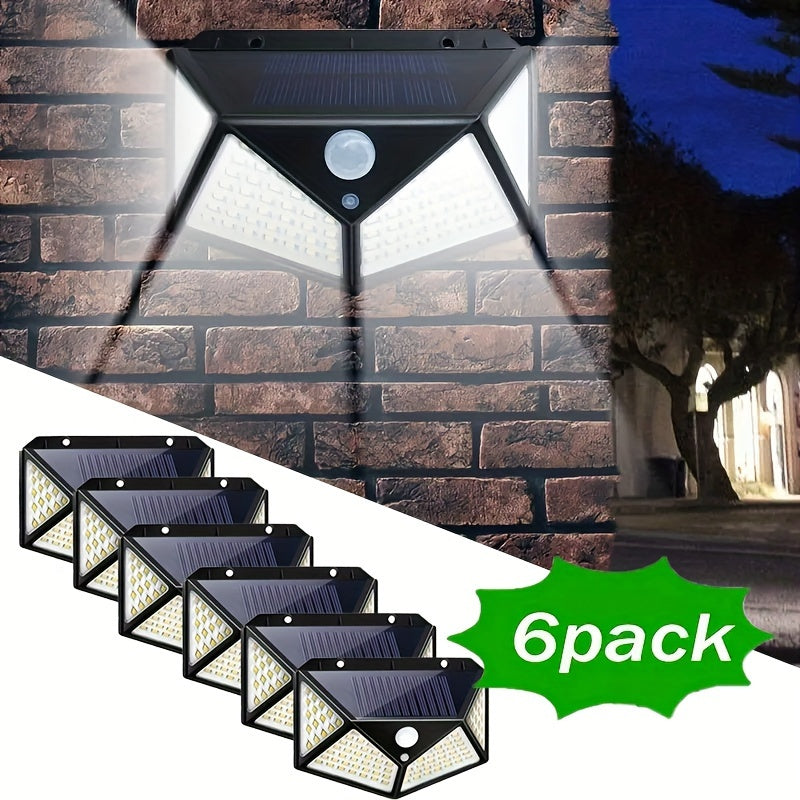 6 pieces of outdoor solar wall lights with 100 LED bulbs, featuring human body sensing technology for garden lighting.