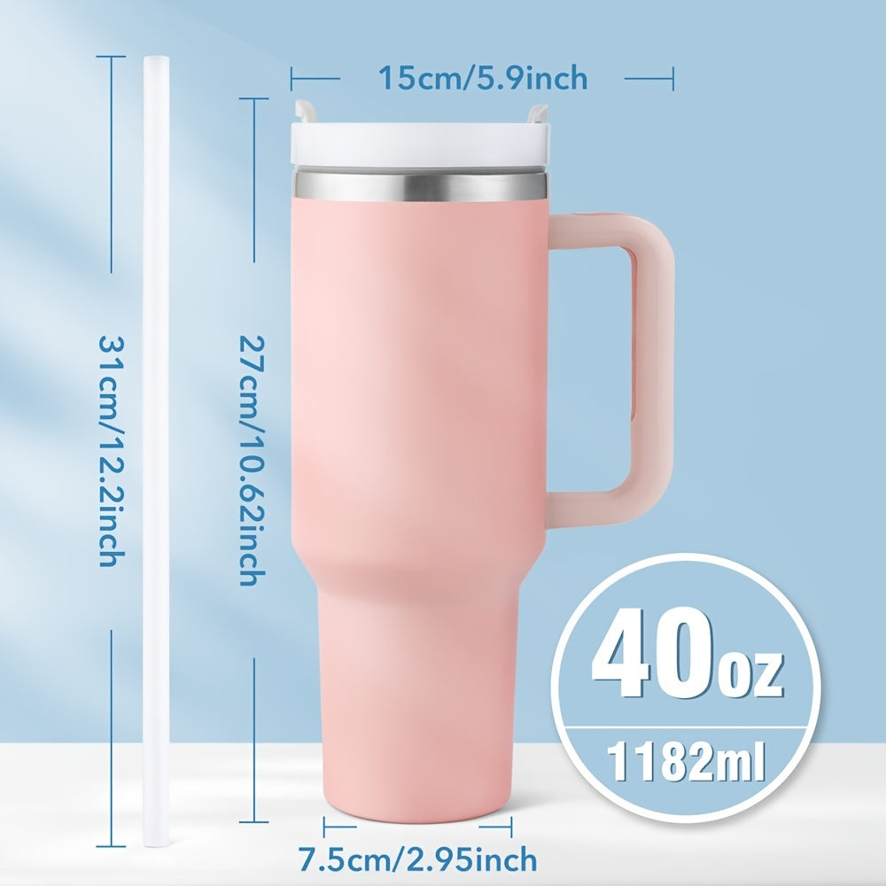 Stainless steel tumbler with lid and handle, ideal for summer drinks.