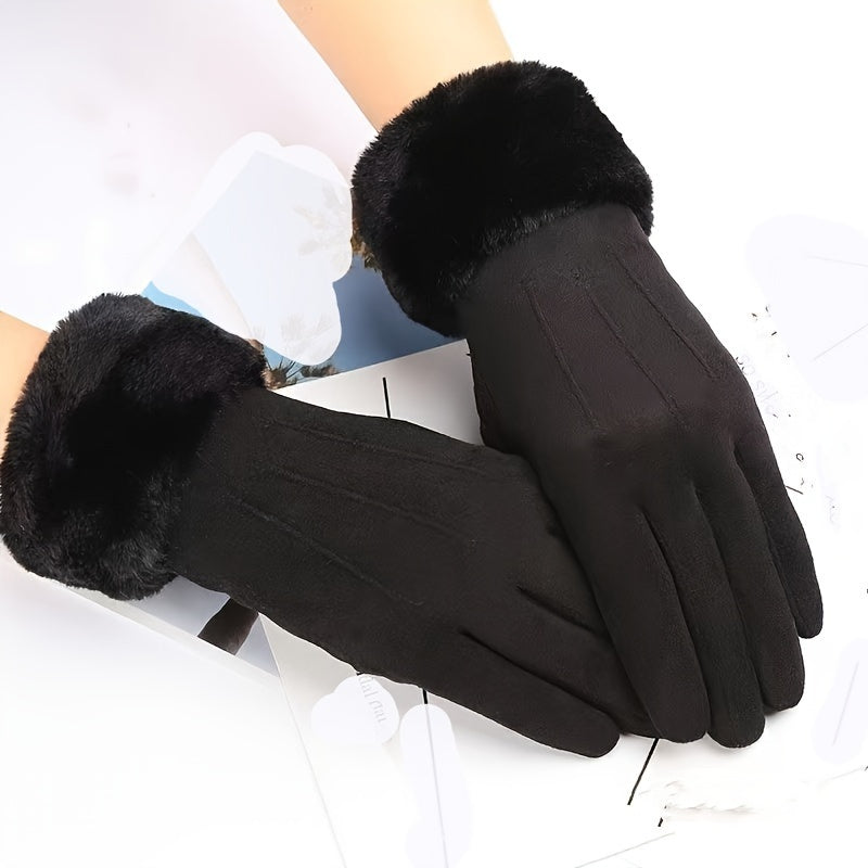 Soft Plush Cuff Suede Gloves in Solid Color with Added Velvet for Extra Warmth - Women's Autumn and Winter Gloves for Wind and Cold Protection