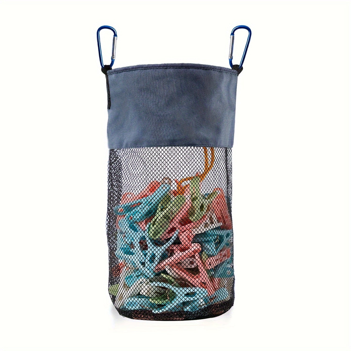 Large capacity clip storage bag with carabiner clips, fabric organizer pouch, suitable for hanging on walls or closets, ideal for organizing home and office supplies.