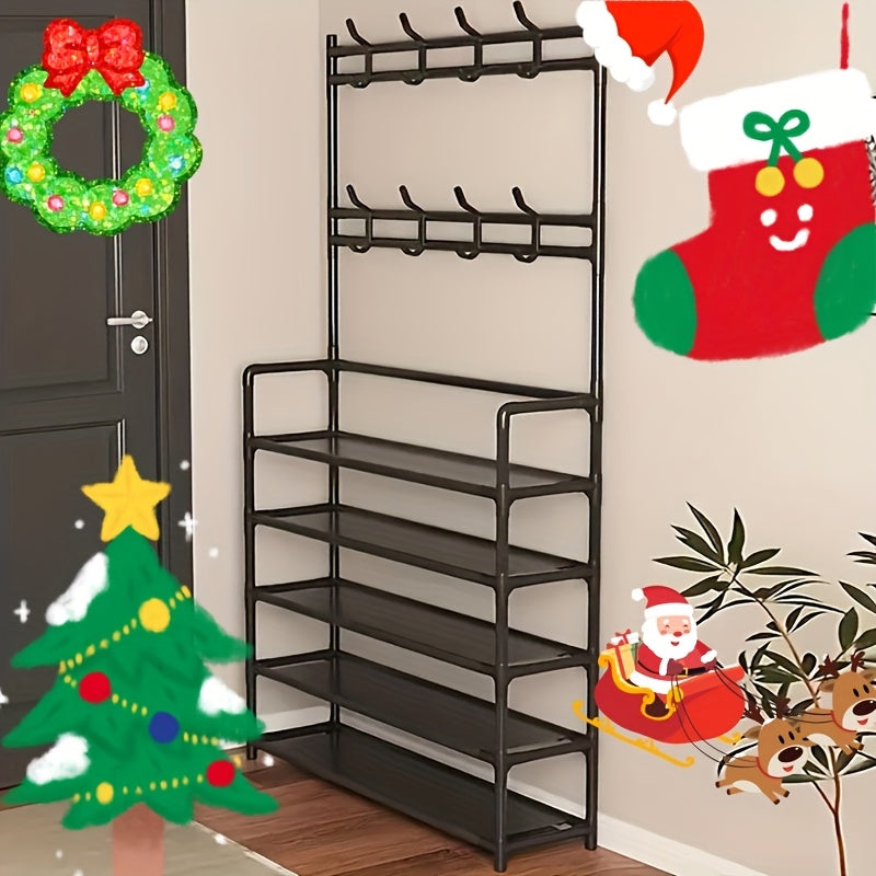 Elegant metal hall tree with coat and shoe rack, hooks, and multi-purpose organizer in black/white.