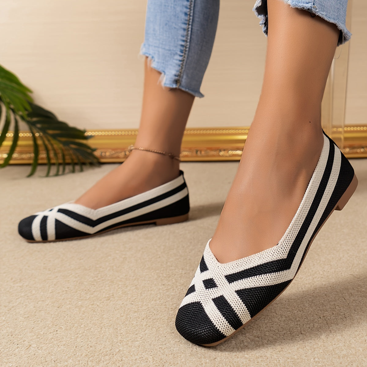 Breathable non-slip ballet flats with stylish square toe design, black & white cross strap, comfortable fabric upper, TPR sole for all-day wear. Versatile slip-ons featuring crisscross