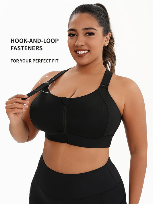 High elasticity, plus size front zip sports bra with solid color, padded racerback and adjustable straps for yoga and fitness.