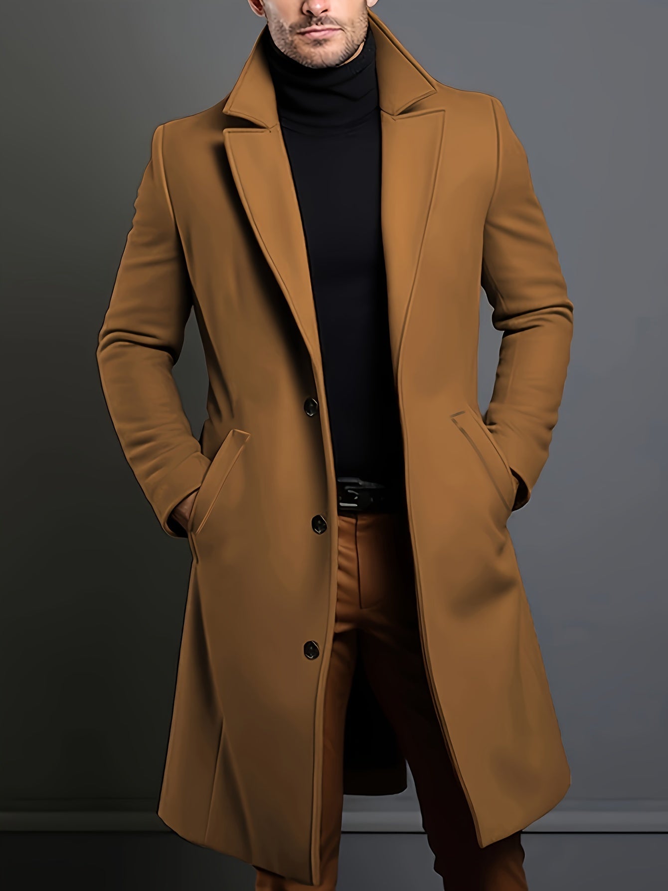 Men's classic solid color polyester coat with long sleeves, notch lapel, and welt pocket design. Casual style with non-stretch fabric and button detail. Regular fit for daily commuting in