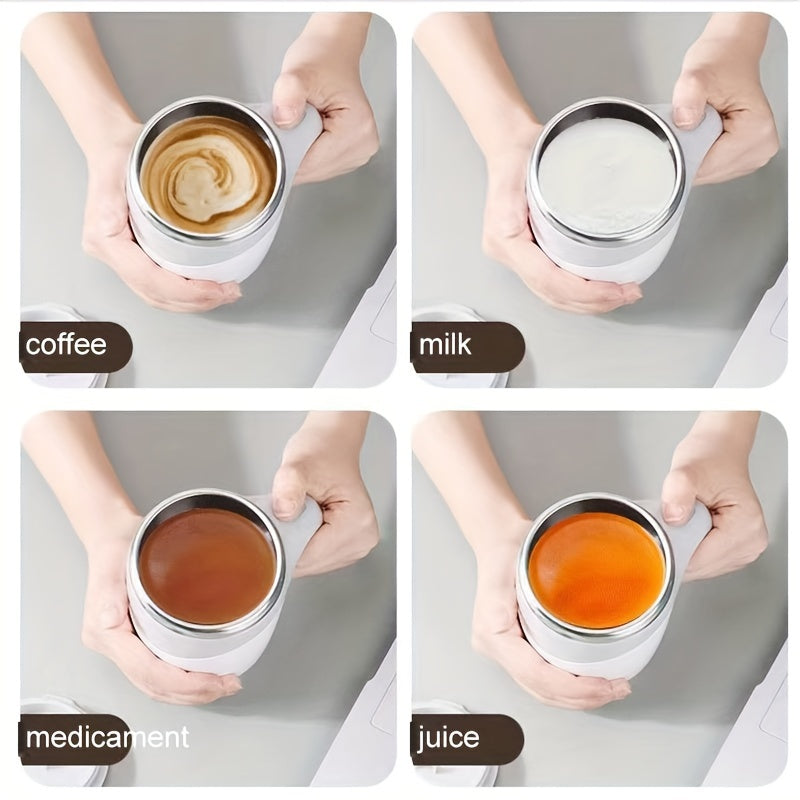 The self-stirring coffee mug with a lid features a 380ml reusable round cup made of ABS and stainless steel. It is USB charging with a magnetic rotating feature and built-in lithium battery. Additionally, it is machine washable.