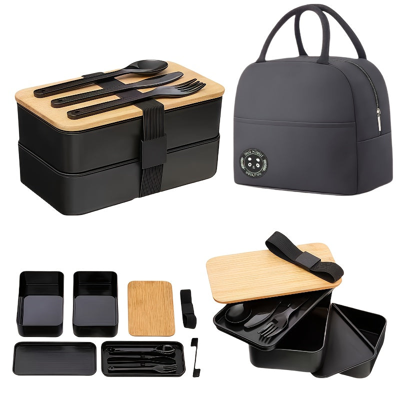 Single Set Bento Lunch Box with Insulated Bag, Microwave Safe, Leakproof Plastic Containers with Bamboo Lids, Adjustable Dividers and Utensils, Perfect for Work, Picnics - Christmas Gift Packaging Included