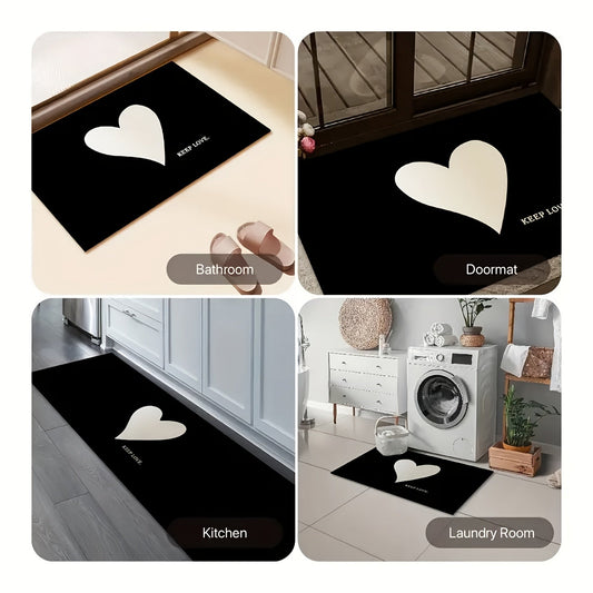 Valentine's Day themed soft and comfortable white heart patterned carpet, made of absorbent non-slip velvet material. Perfect for bathroom, kitchen, or laundry room decor all year round. Machine washable and anti-slip for added convenience.