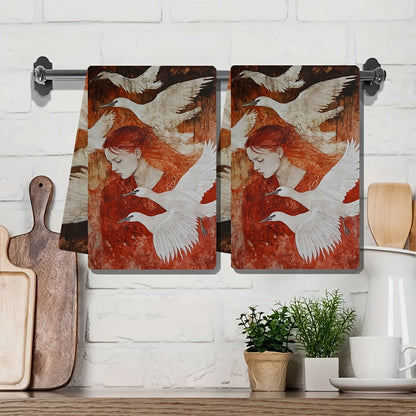 Set of 2 Serene Swan and Red-Haired Woman Art Kitchen Towels - Made of Ultra Soft, Highly Absorbent Polyester Material, Machine Washable, 40.64x60.96 cm - Perfect for Holiday Decor and Daily Use, Dish Hand Towels