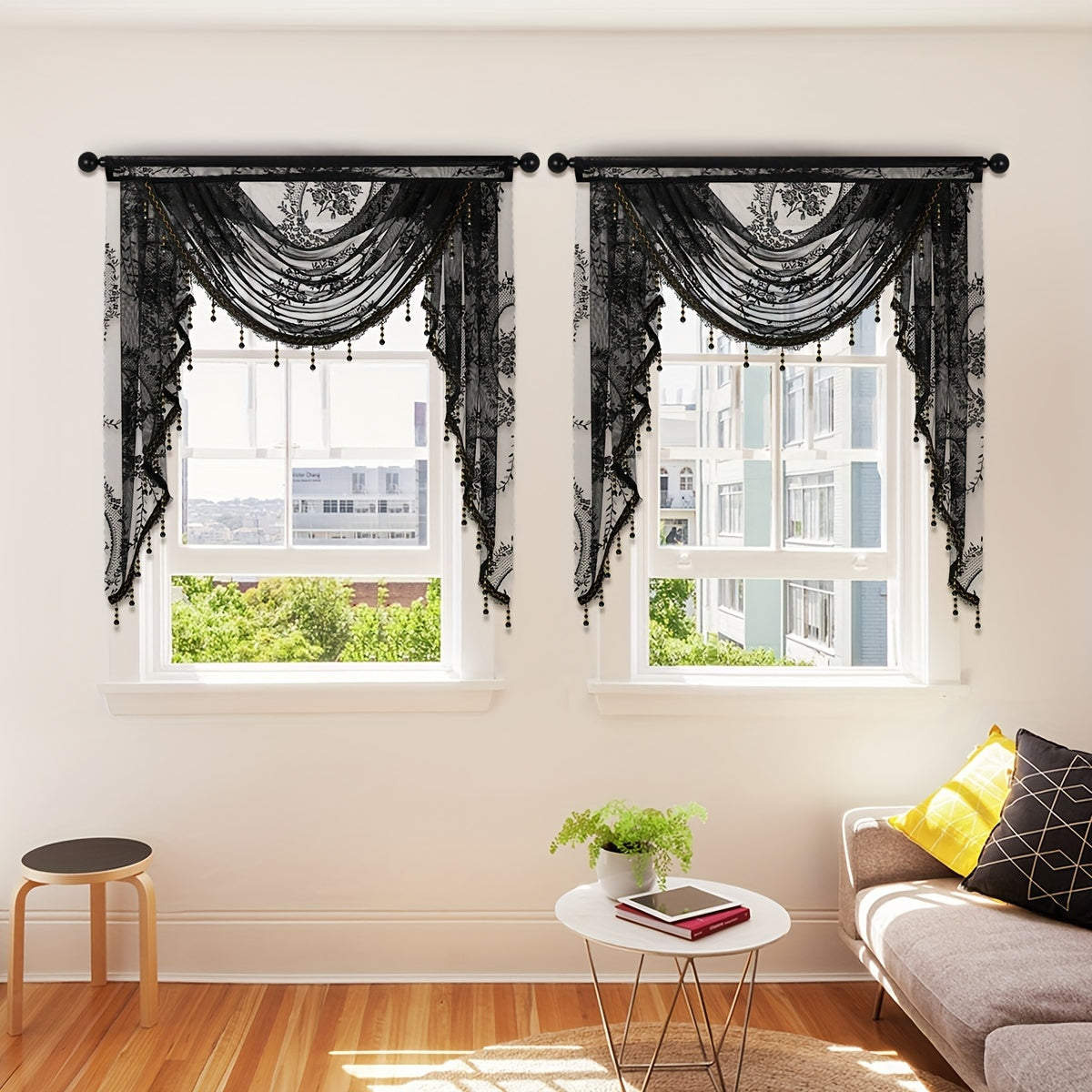 This European style wave curtain features a beautiful black lace valance with a flower pattern. The short curtain is designed with a rod pocket, making it suitable for windows and doors. Add a touch of elegance to your living room with this decorative