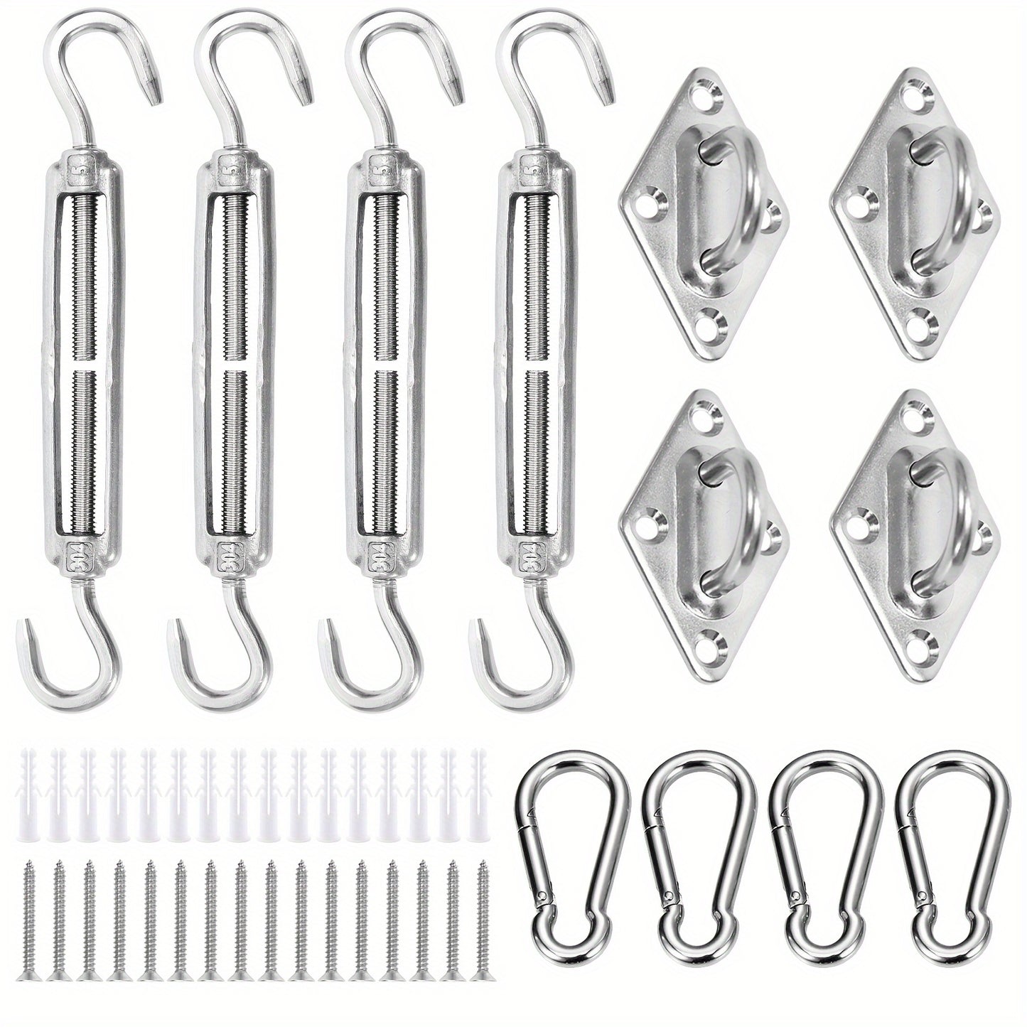 Heavy duty stainless steel hardware kit for attaching sun shade sails to gardens in various shapes and sizes.