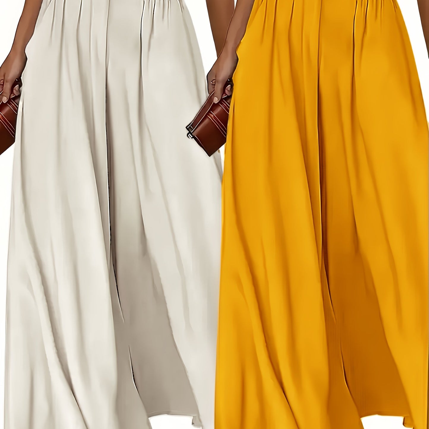 Set of 2 women's high waist wide leg pants in solid color polyester with pockets, ideal for all-season wear.