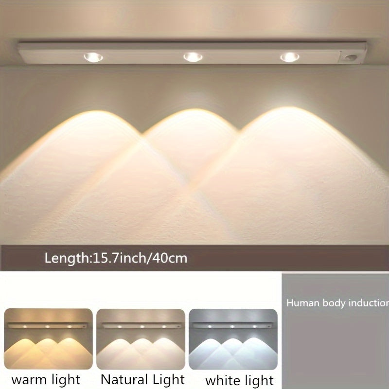 Rechargeable infrared sensor light strip with LED, magnet, and self-adhesive; wire-free for various applications.