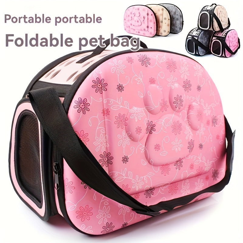 Portable, foldable cat carrier with breathable design and durable shell, ideal for outdoor adventures.