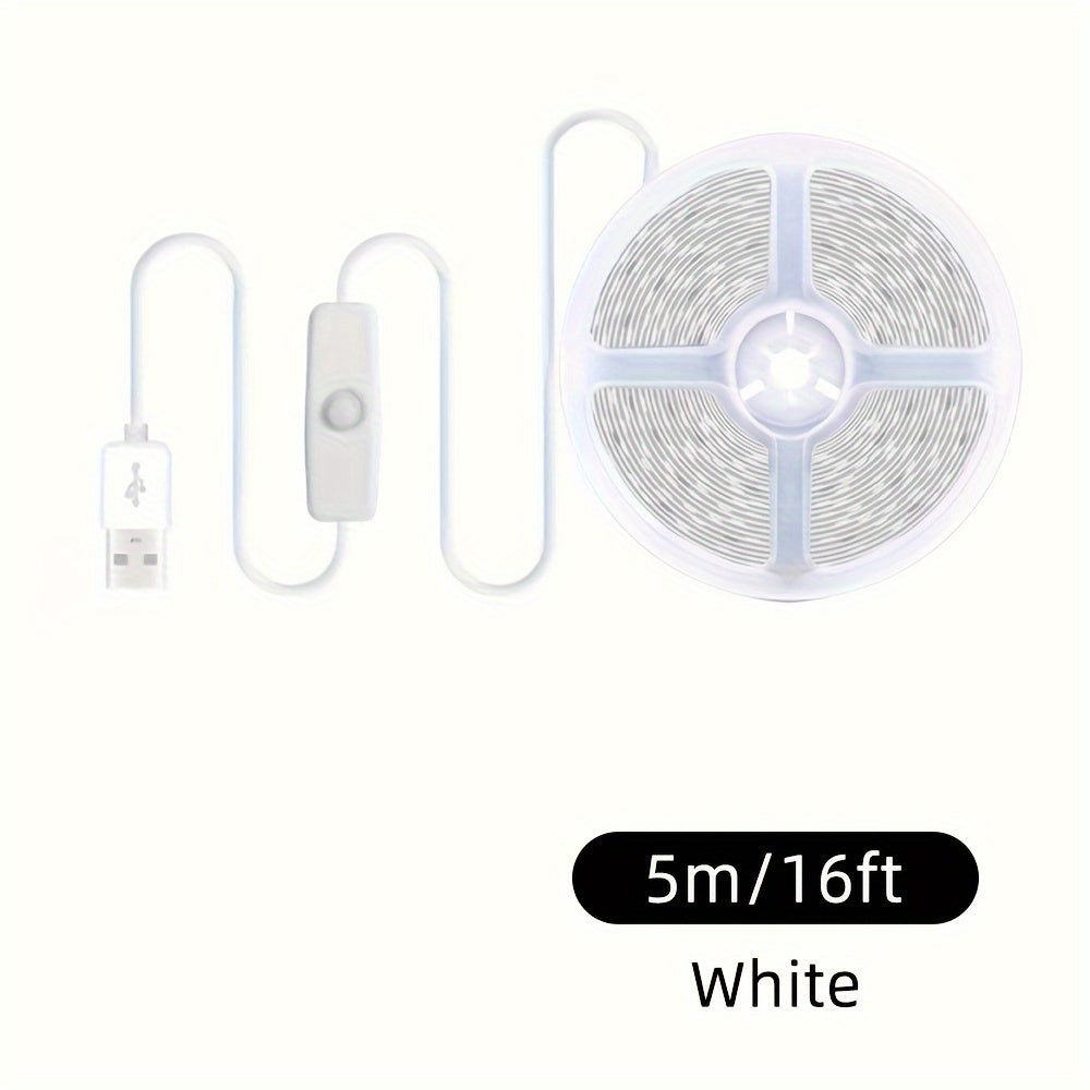 15.24m/9.75m/4.88m/99.97cm USB LED strip lights with white/warm white LEDs. Has switch button, flexible, cuttable, and can be pasted. Ideal for TV background lighting and party DIY lighting.