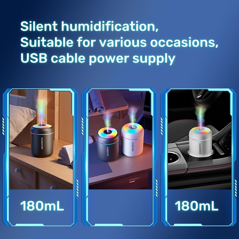 Compact portable humidifier with aromatherapy feature, USB-powered, 180ml mist volume, LED lights, suitable for car and home use, compatible with essential oils (battery not included).