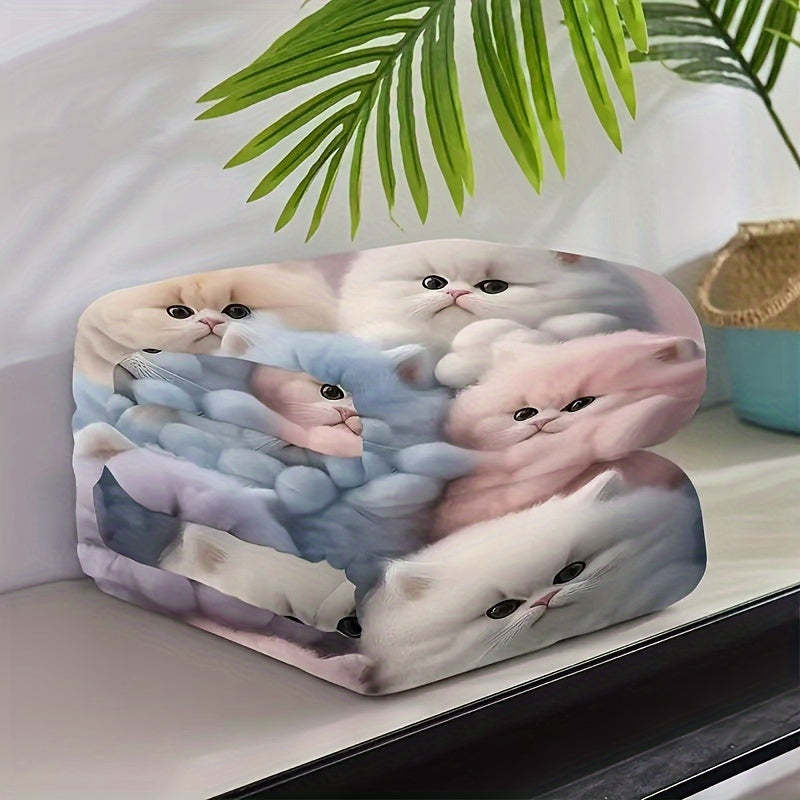 Contemporary geometric-patterned flannel throw blanket featuring a cute cat design - Easy to care for with machine washable and stain-resistant properties. Versatile knit fabric makes it ideal for all seasons, perfect for office, home, or travel. Soft