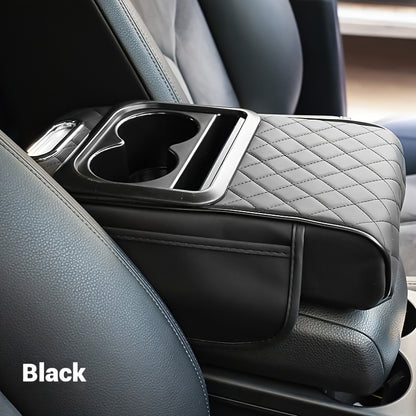 Luxurious PU leather armrest pad with cup holder, tissue box, and storage solutions for enhanced comfort and style.