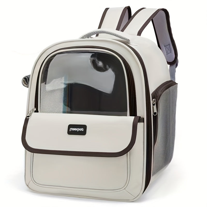 Large transparent space capsule pet carrier backpack for cats or dogs, breathable and portable.