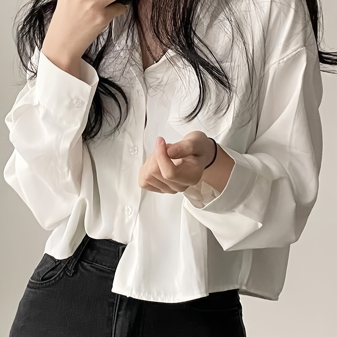 Women's long sleeve shirt with pocket, 100% polyester fabric, lapel collar, loose fit, suitable for spring/fall season - 120g/m².