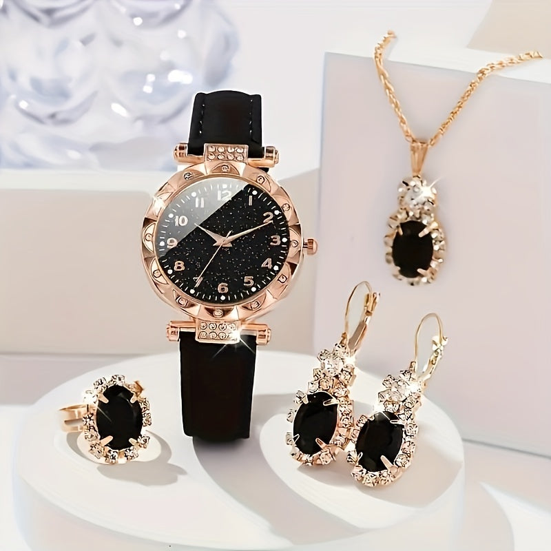 Chic 5-piece women's set includes starry sky quartz watch with oval jewelry, zinc alloy case, PU leather strap, and analog display. Ideal gift for Ramadan and Mother's Day.