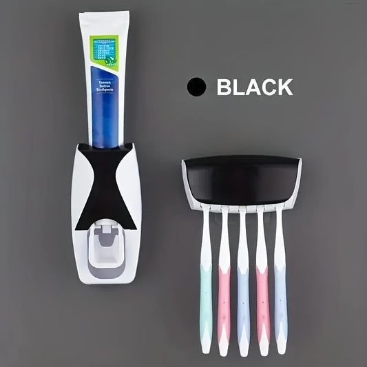 Wall-mounted toothbrush holder squeezes toothpaste automatically, holds 5 toothbrushes, no power needed, made of plastic for bathroom use.