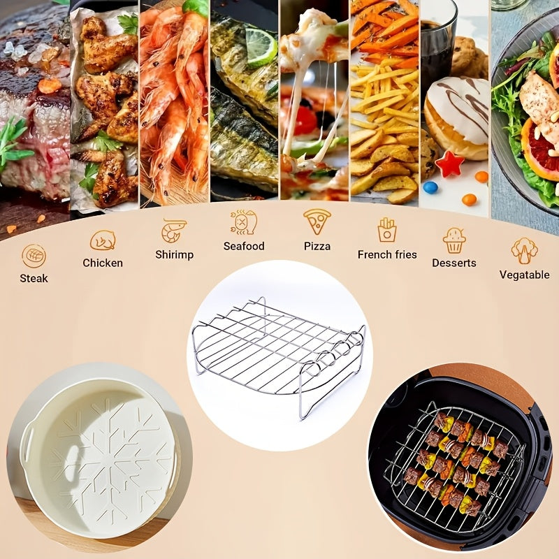 Set of 7 Stainless Steel Air Fryer Accessories, Includes Grill Rack, 4 Skewers, and 2 Silicone Baking Sheets. Safe for Food, Ideal for Grilling, Baking, and Microwave Cooking. Complete with Must-Have Kitchen Tools.