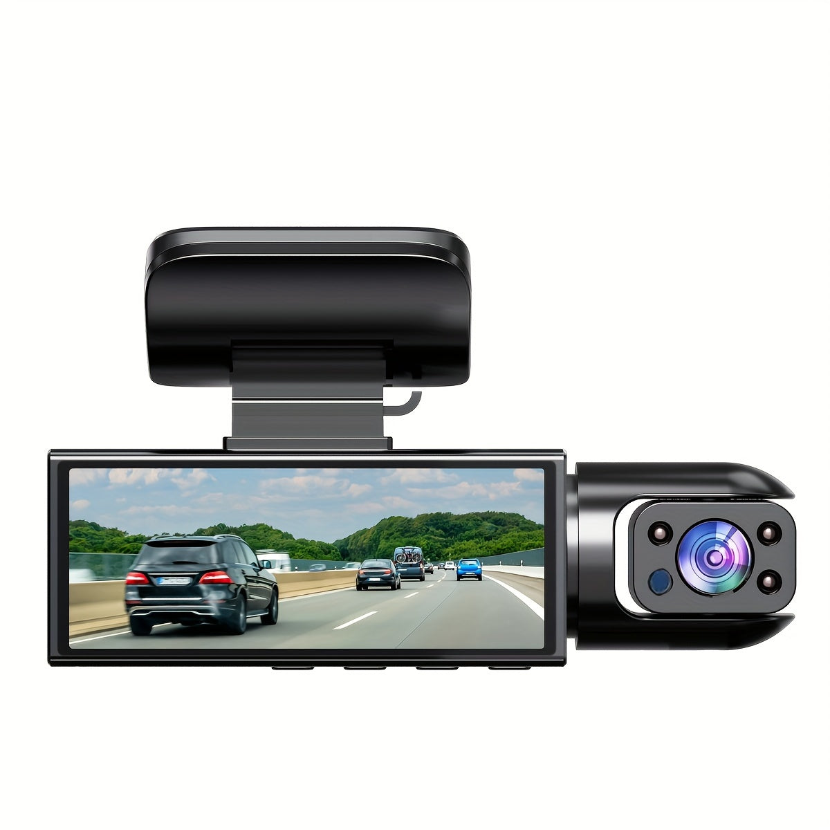 Dual camera dash cam for cars with 1080P resolution, IR night vision, loop recording, wide angle lens, and 8.03 cm IPS screen.