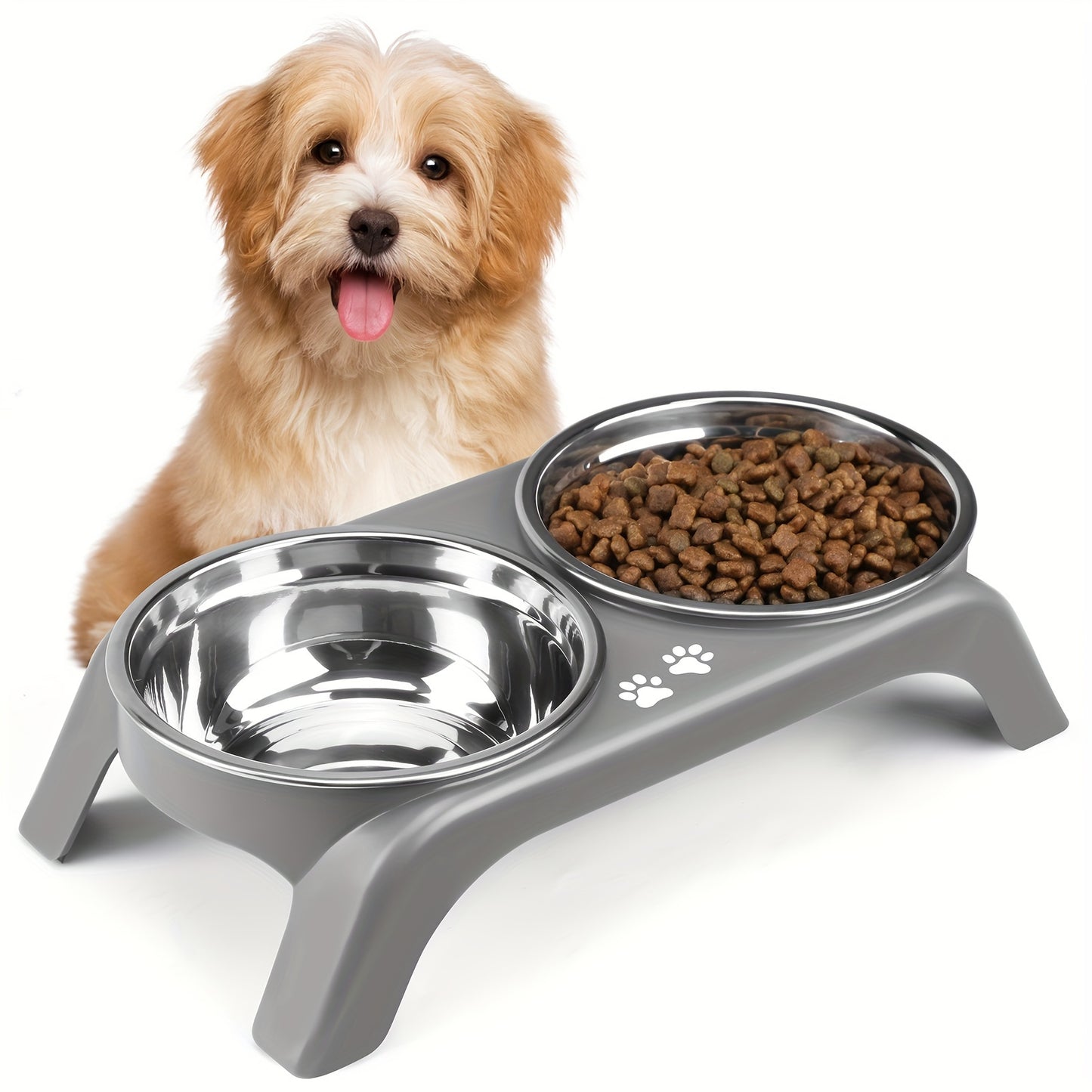 Arsali Elevated Cat Bowls with stainless steel dual bowls for food and water, designed for cats and small dogs, featuring anti-vomiting, ergonomic design with non-slip feet. Easy to clean