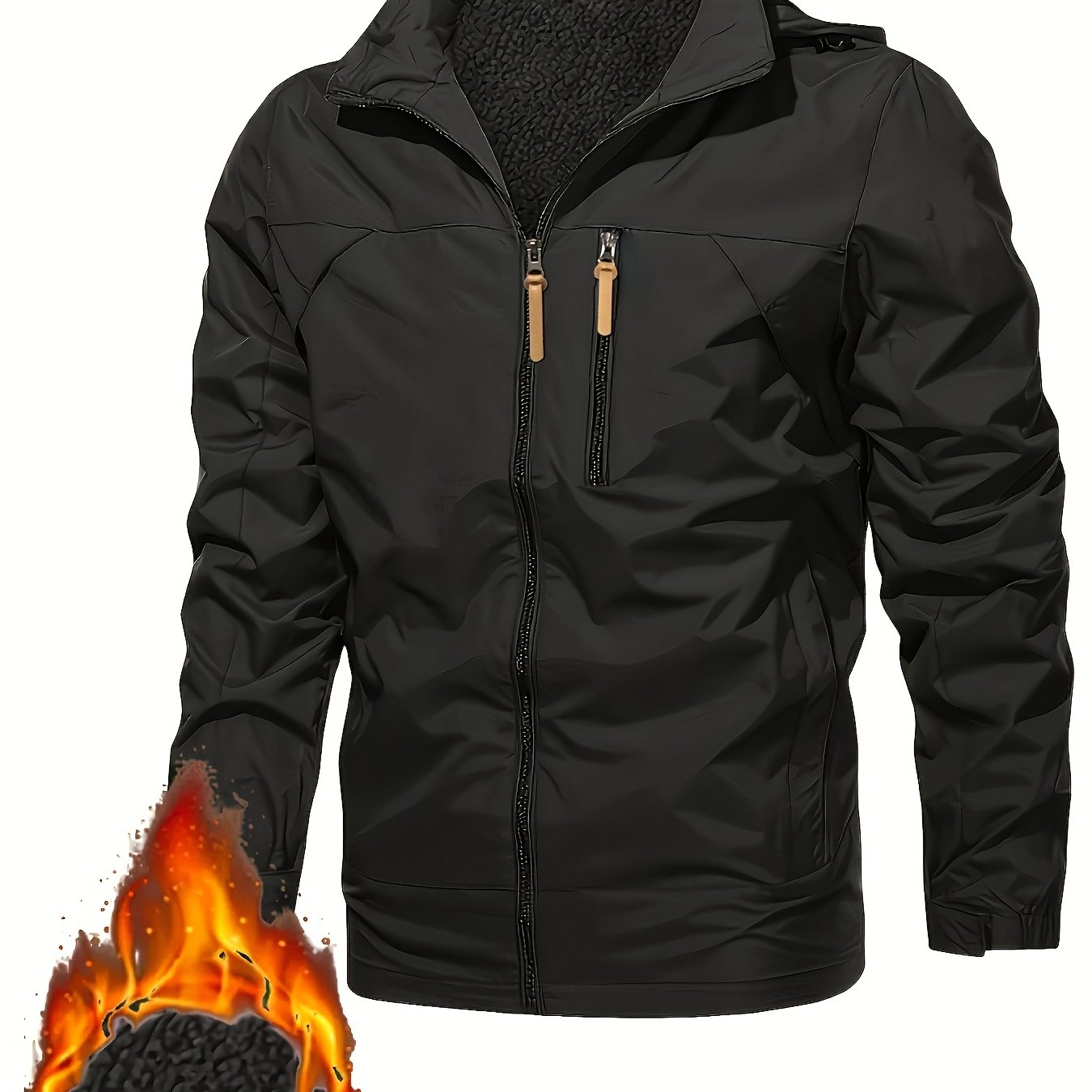 Men's casual varsity jacket with hood, zip-up, windproof, and warm, with pockets, for plus size fit