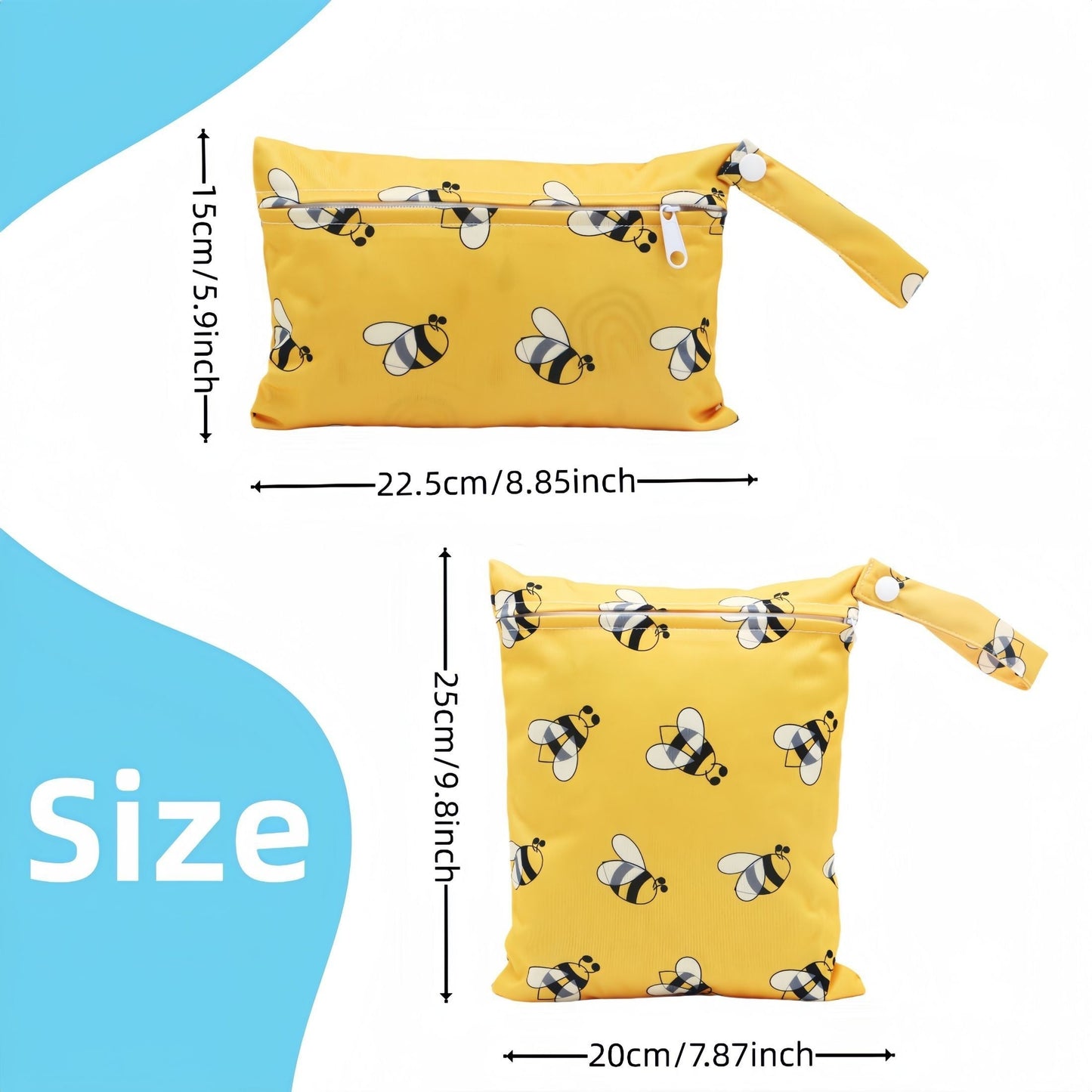 Set of 2 Bee Printed Cloth Diaper Bags - Features Zipper Closure, Snap Handle, Waterproof Fabric - Ideal for Travel, storing Wet items - Recommended for Ages 14 and Above