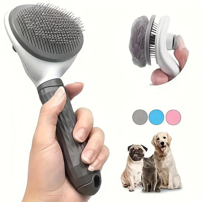 Pet hair remover comb with adjustable needle body and anti-skid button - ideal for cats and dogs, easy to clean.