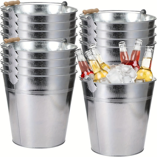 This heavy-duty stainless steel bucket, measuring approximately 25.4 centimeters, is perfect for parties, weddings, crafts, tableware, and table centerpieces. The metal bucket features a galvanized golden finish and a convenient handle for easy carrying.