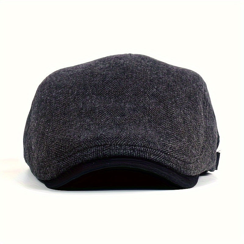 Men's Vintage Newsboy Cap in a Big Size, Made with Thick Warm Polyester Beret Material, Featuring a Casual Striped Peaked Hat Design, Adjustable Flat Cap with Herringbone Weave, Easy to Hand Wash