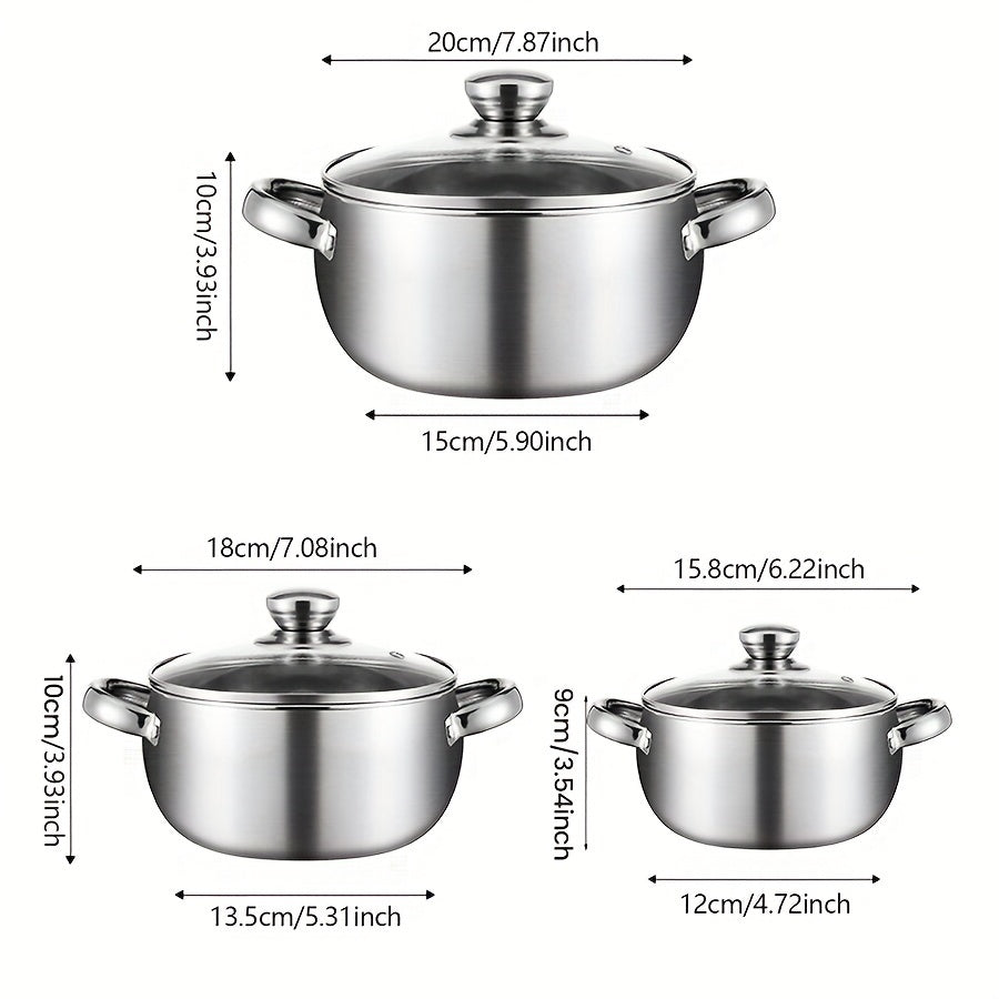 This stainless steel round pot set includes 3 pots and 3 lids, featuring a double handle design. They are dishwasher safe and compatible with various stoves, making them ideal for both home and restaurant cooking. The pots are perfect for preparing