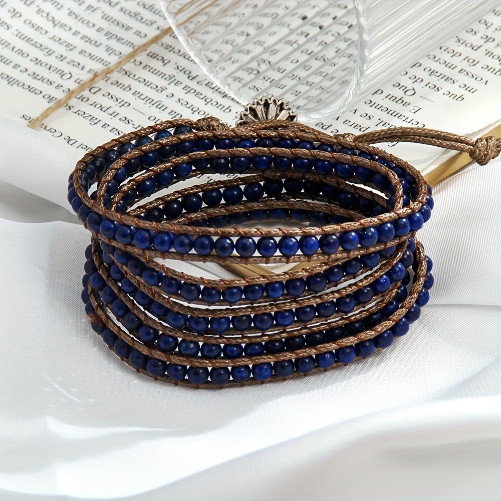 Women's Bracelet with a Bohemian Style, Waxed Cord Braid and Adjustable 5 Rows Wrap