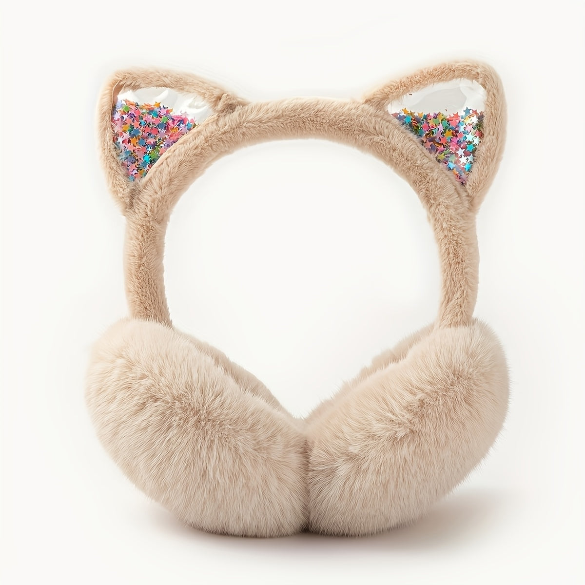 Stylish Women's Cat Ear Winter Earmuffs with Sparkling Sequin Design - Made of Solid Color Polyester, Hand Wash Recommended