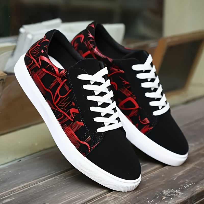 Men's Classic Canvas Skateboard Shoes: Breathable, Non-Slip, Durable Lace-Up Sneakers for Casual Wear, Running. Features Cartoon Pattern, PVC Sole, Fabric Insole. Suitable for All Seasons.