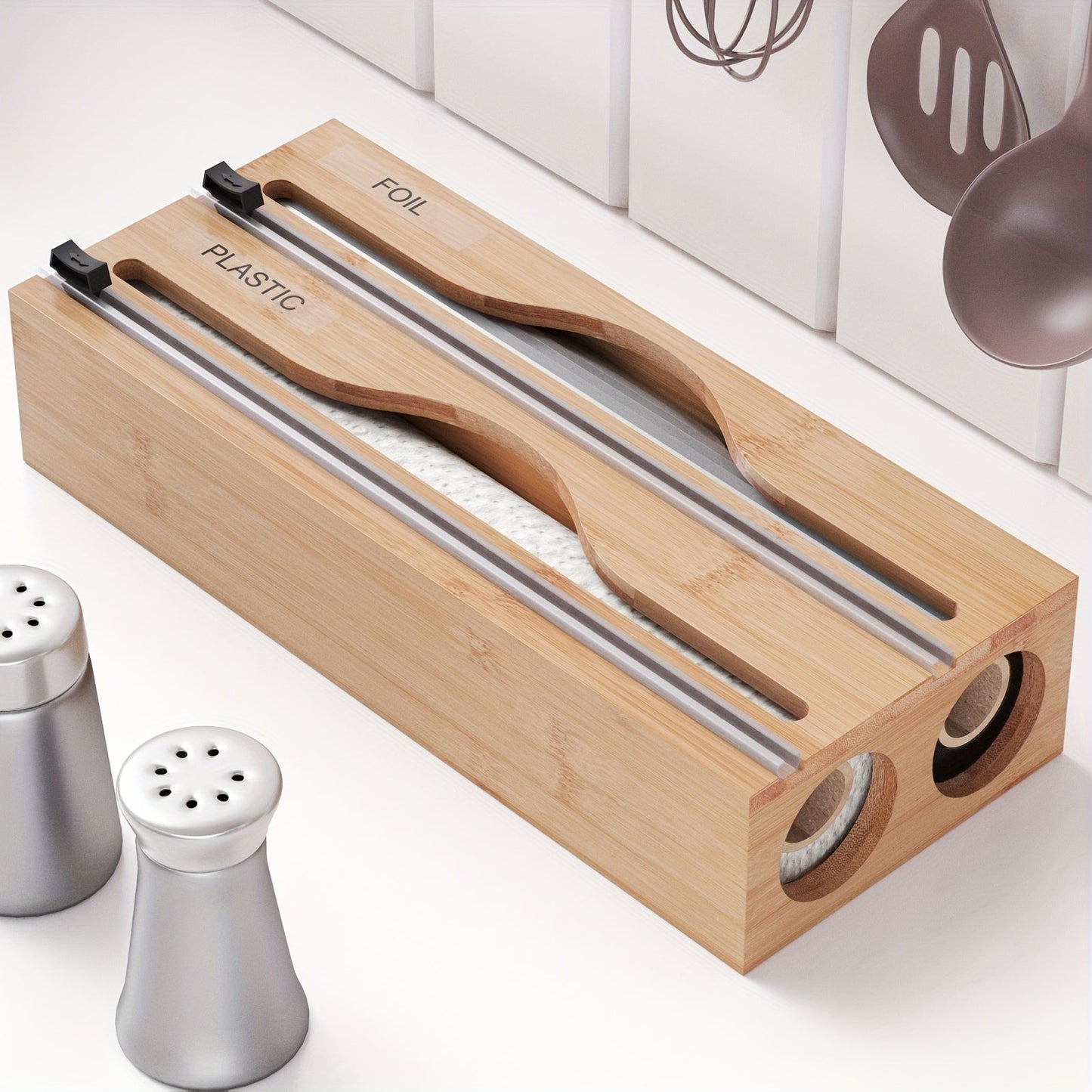 Bamboo 2-in-1 Kitchen Wrap Dispenser with Slide Cutter and Dual Slots Storage Organizer for Plastic Film, Suitable for Kitchen Drawer, Cabinet, Shelf, and Counter. Ideal for Organizing Kitchen Accessories and Storage.