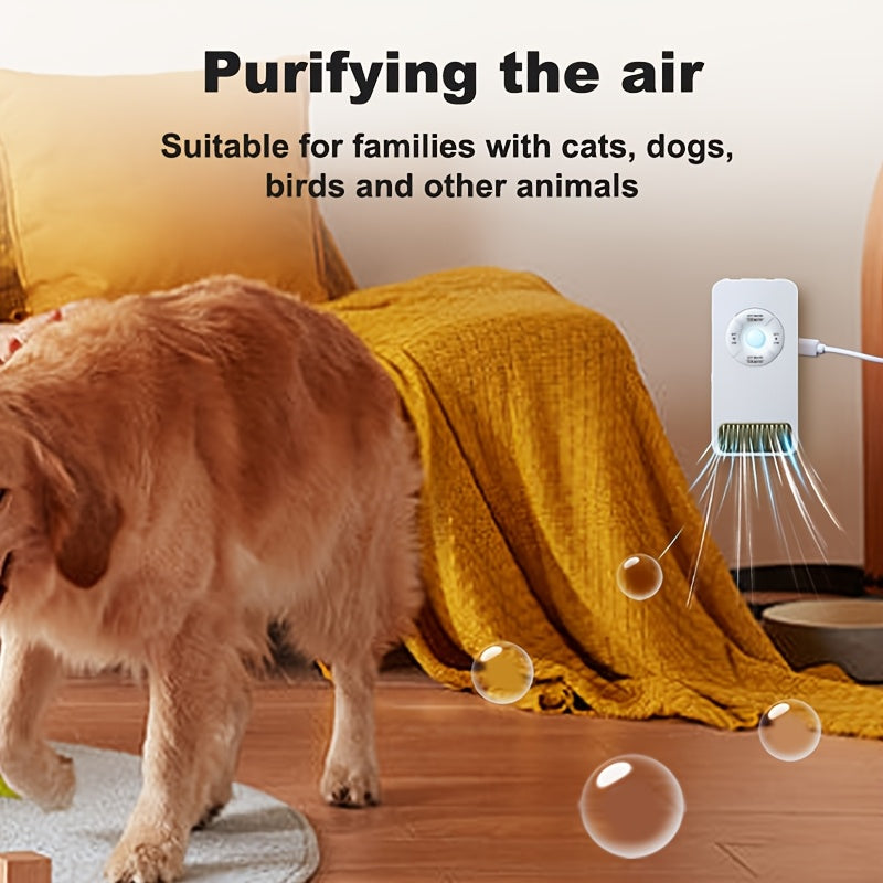 Small pet-friendly air purifier with USB power supply, ideal for cat litter boxes and dog kennels, made of plastic, low voltage operation, FreshBreeze technology.