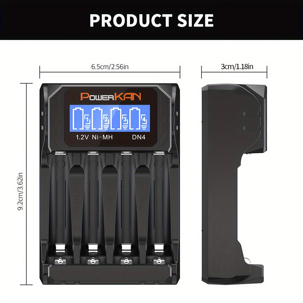 The PowerKAN Compact 4-Slot Smart Charger charges AA/AAA Ni-MH/Ni-Cd Batteries with USB Type-C, LCD Display, Overcharge Protection, Black or White, Portable.