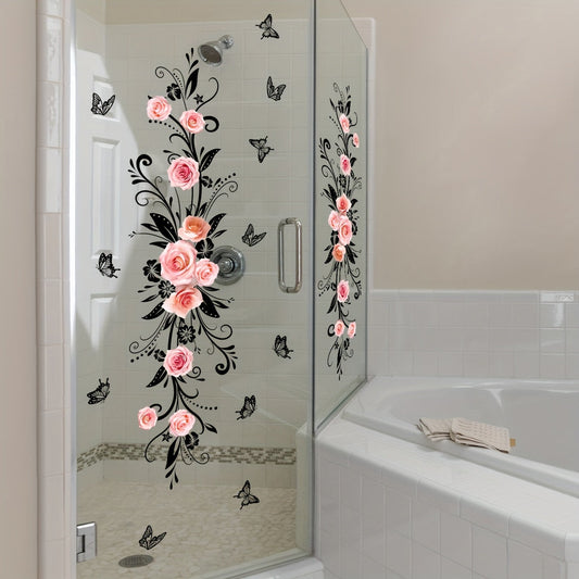 Modern wall stickers with an elegant pink rose and black butterfly design for any room in your home - Easy to apply, peel off, and reusable. Crafted from high-quality PVC material.