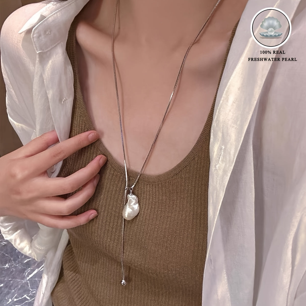 Stylish Y-Necklace with Baroque Freshwater Pearl Pendant, Adjustable Slider, French-Inspired Design, Perfect for Holiday Celebrations, Suitable for Banquets and Festivals, Versatile Addition to Your Seasonal Wardrobe, From the Middle East Collection.