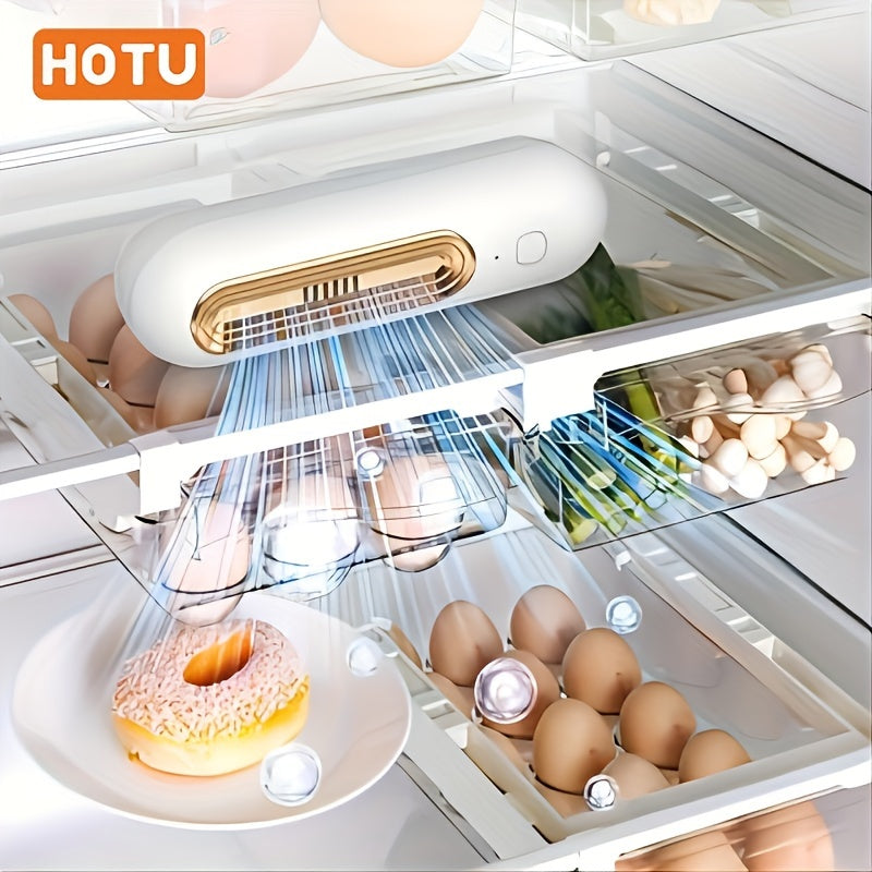 HOTU USB Rechargeable Refrigerator Odor Eliminator, Portable Air Purifier with Advanced Filtration, White with Golden Accents for Home & Office Use.