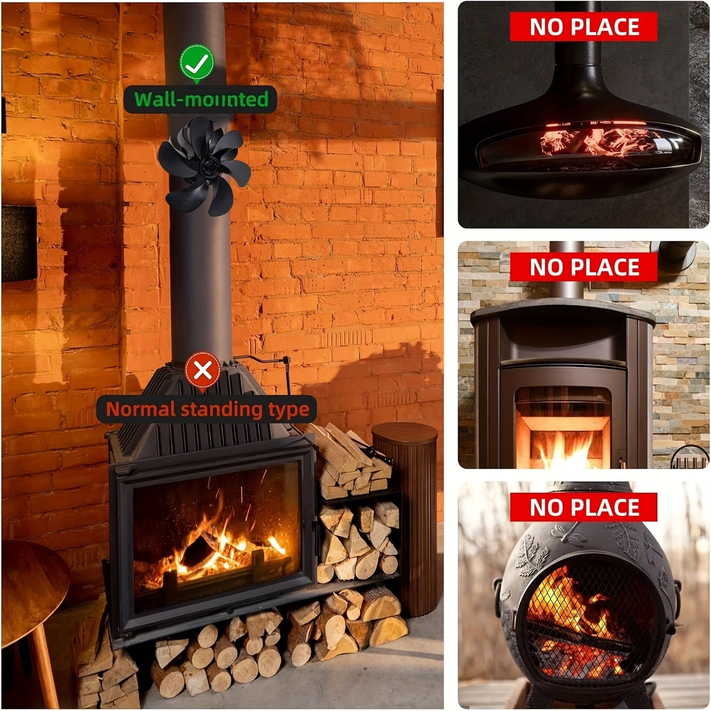 Enhanced Chimney-Mounted Wood Stove Fan - Improved Heat Distribution with 6 Quiet Blades, Perfect for Log and Firewood Burning, Operates Without Electricity