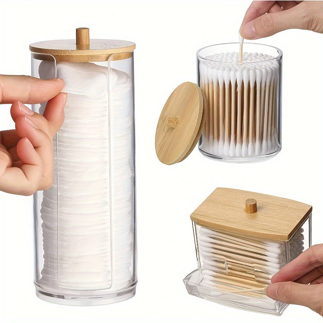 3-piece makeup organizer set with bamboo lids for bathroom vanity, dust-proof and portable with swab and pad holder.