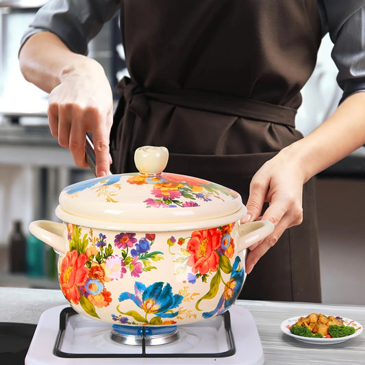 Large Vintage Floral Enamel Soup Pot with Dual Handles - Ideal for Family Gatherings, Versatile Cooking on All Stovetops, Generous Capacity for All Your Culinary Creations